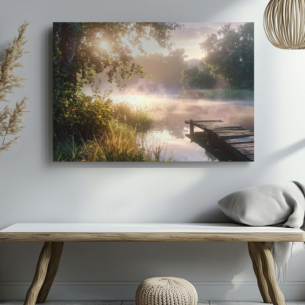 Misty Morning Dock Canvas – Golden Sunrise Lake with Tranquil Foliage - Gifitto