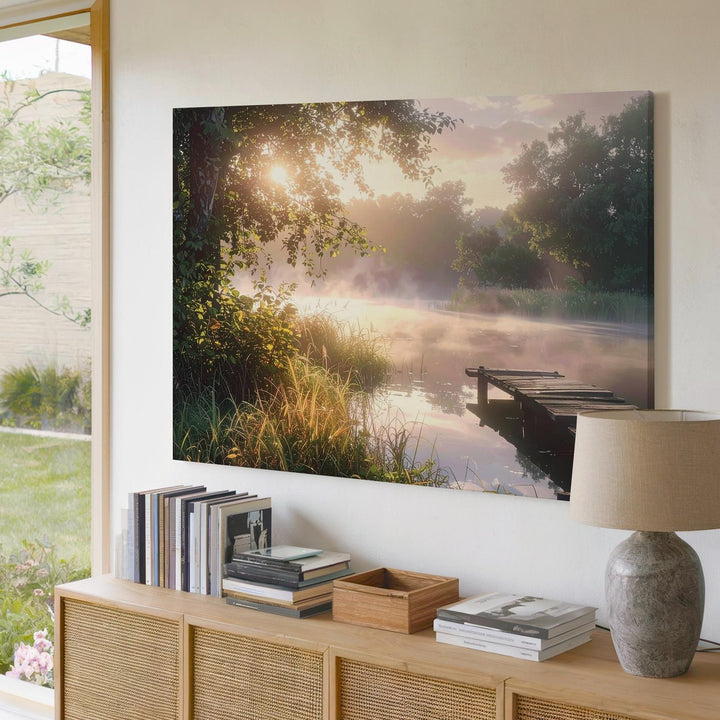 Misty Morning Dock Canvas – Golden Sunrise Lake with Tranquil Foliage - Gifitto