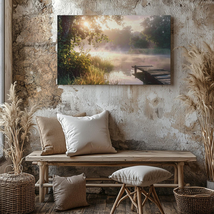 Misty Morning Dock Canvas – Golden Sunrise Lake with Tranquil Foliage - Gifitto