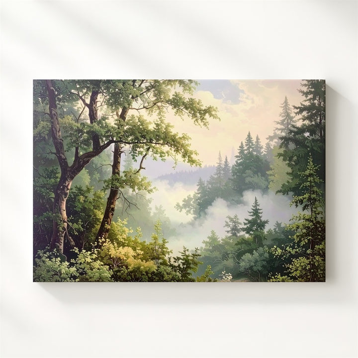Misty Morning Forest Canvas – Vertical Woodland with Soft Green Branches & Fog - Gifitto