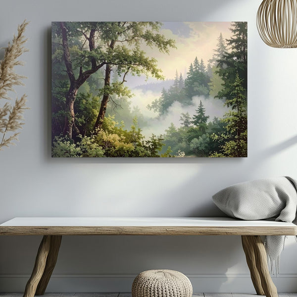 Misty Morning Forest Canvas – Vertical Woodland with Soft Green Branches & Fog - Gifitto