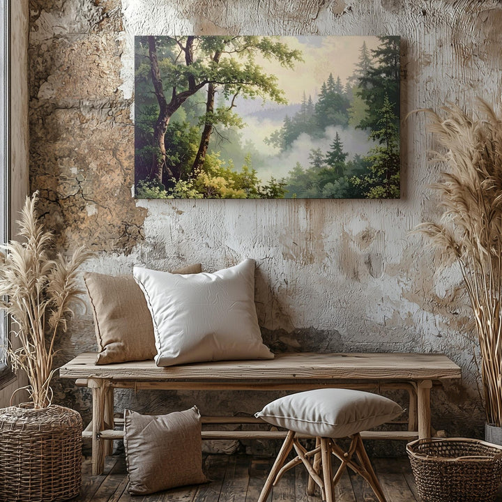 Misty Morning Forest Canvas – Vertical Woodland with Soft Green Branches & Fog - Gifitto