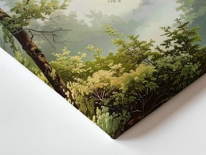 Misty Morning Forest Canvas – Vertical Woodland with Soft Green Branches & Fog - Gifitto