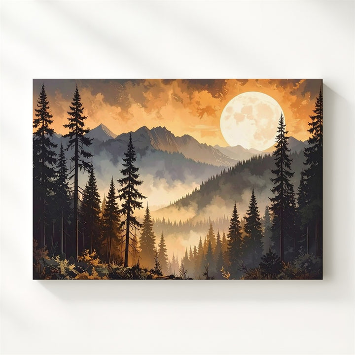 Moonlit Pines Canvas – Dramatic Forest Silhouette with Glowing Orange Moon - Gifitto