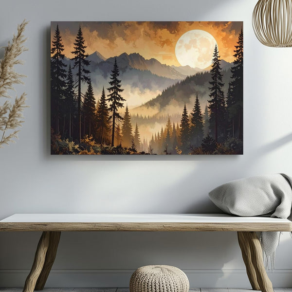 Moonlit Pines Canvas – Dramatic Forest Silhouette with Glowing Orange Moon - Gifitto