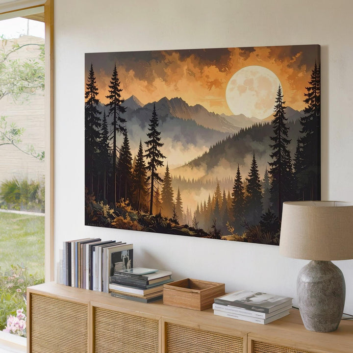 Moonlit Pines Canvas – Dramatic Forest Silhouette with Glowing Orange Moon - Gifitto