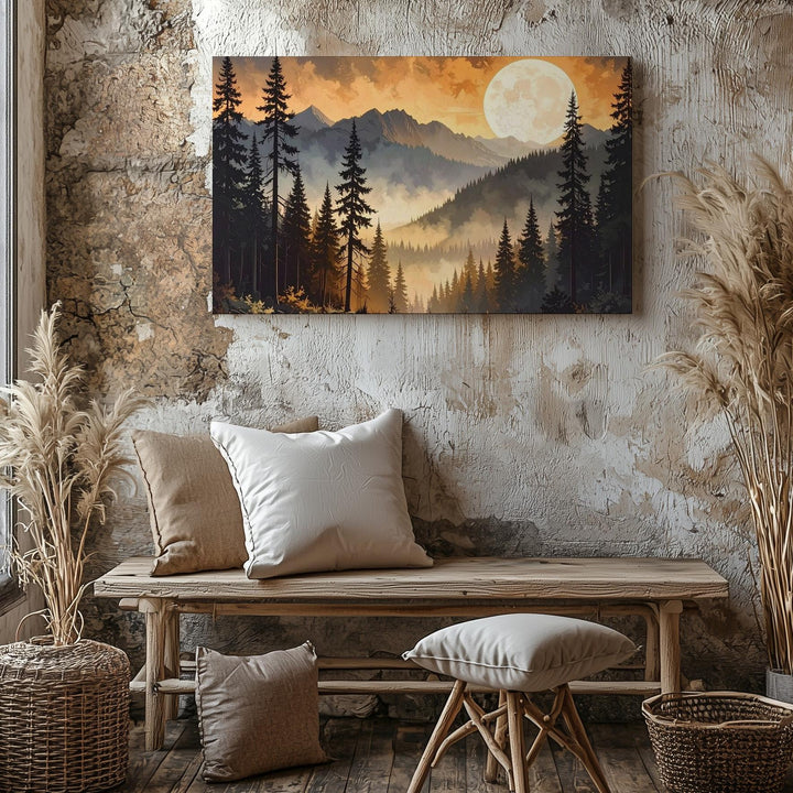 Moonlit Pines Canvas – Dramatic Forest Silhouette with Glowing Orange Moon - Gifitto