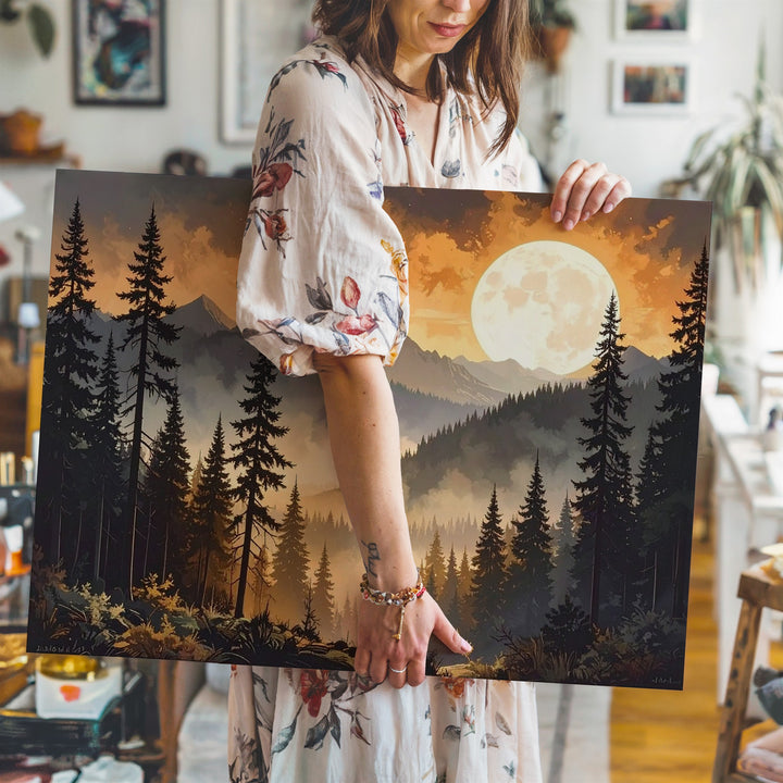 Moonlit Pines Canvas – Dramatic Forest Silhouette with Glowing Orange Moon - Gifitto