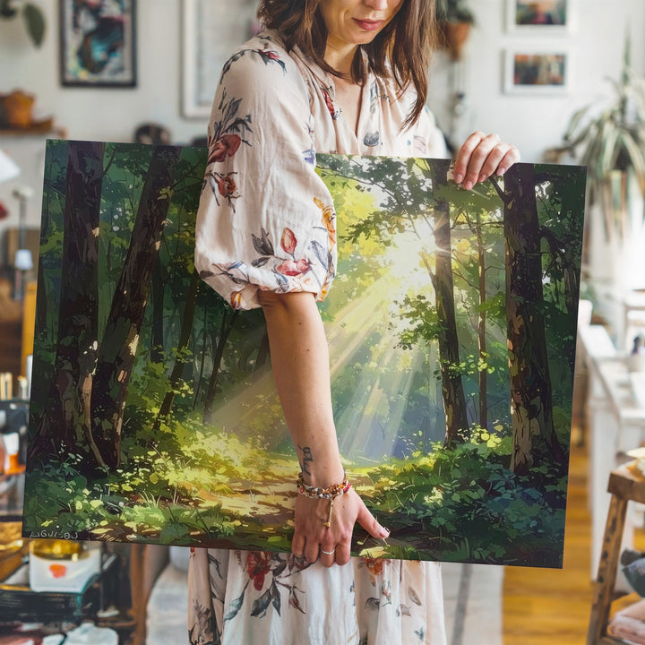 Golden Glade Forest Canvas – Sunlit Woodland with Dappled Light & Mossy Floor - Gifitto