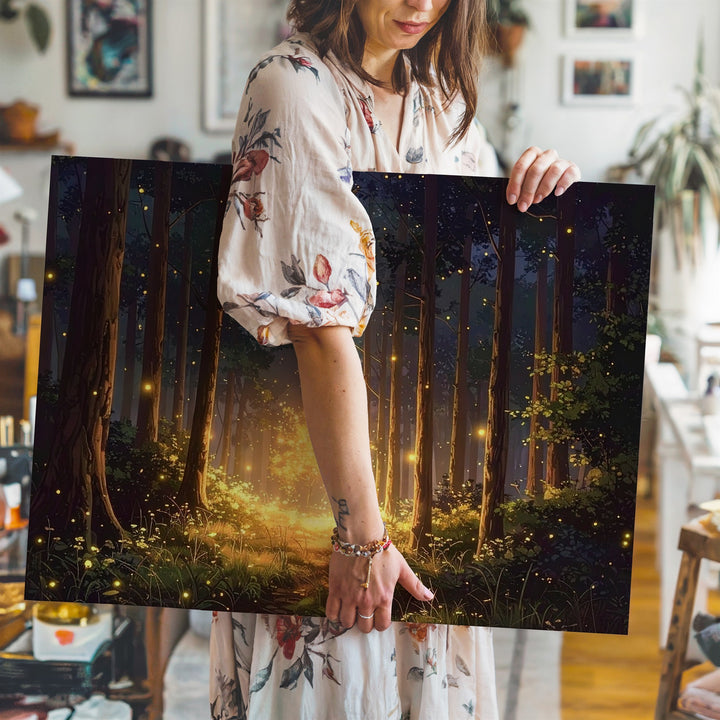 Enchanted Firefly Forest Canvas – Mystical Nightscape with Glowing Lights - Gifitto