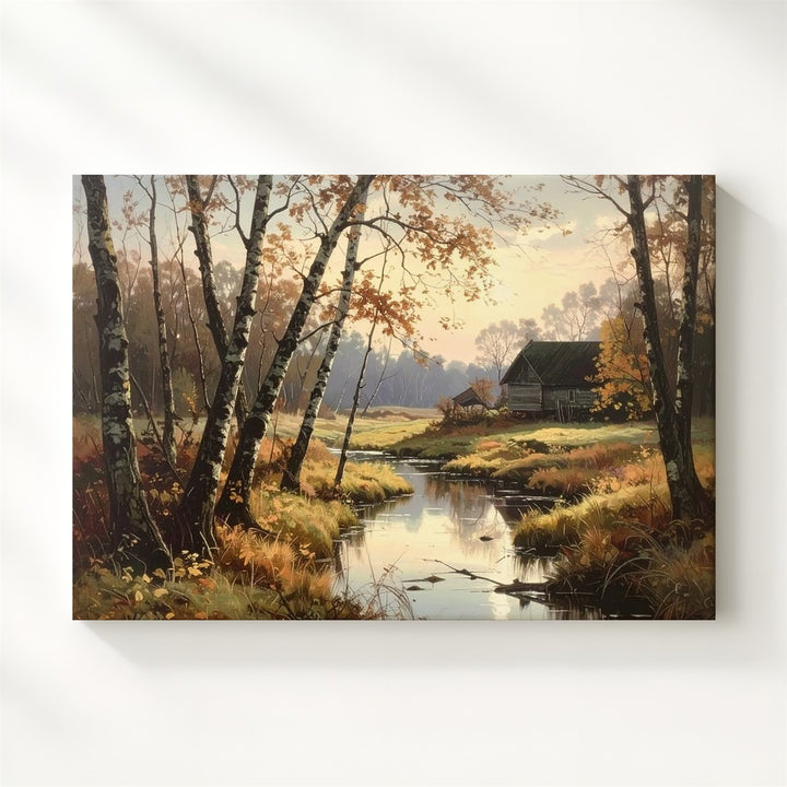 Autumn Riverside Retreat Canvas – Quiet Stream with Bare Trees & Rustic Houses - Gifitto