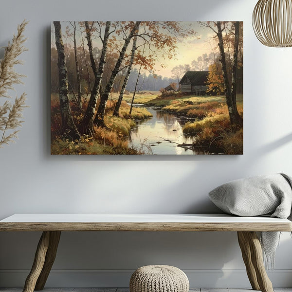 Autumn Riverside Retreat Canvas – Quiet Stream with Bare Trees & Rustic Houses - Gifitto