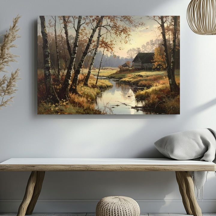 Autumn Riverside Retreat Canvas – Quiet Stream with Bare Trees & Rustic Houses - Gifitto