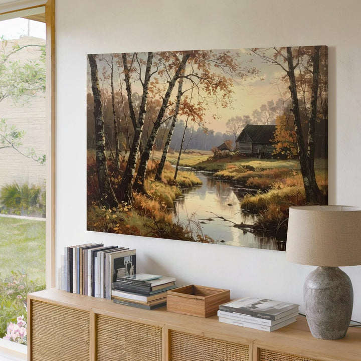 Autumn Riverside Retreat Canvas – Quiet Stream with Bare Trees & Rustic Houses - Gifitto