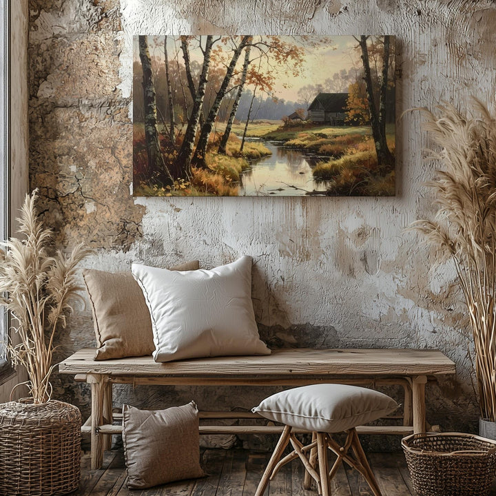 Autumn Riverside Retreat Canvas – Quiet Stream with Bare Trees & Rustic Houses - Gifitto