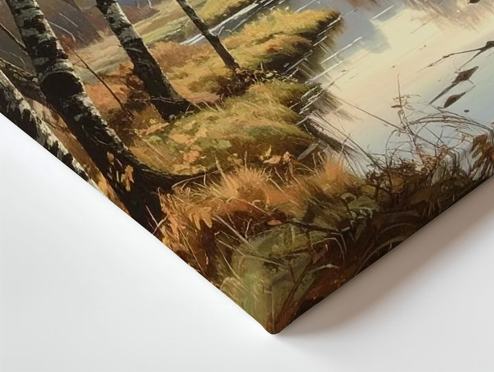 Autumn Riverside Retreat Canvas – Quiet Stream with Bare Trees & Rustic Houses - Gifitto