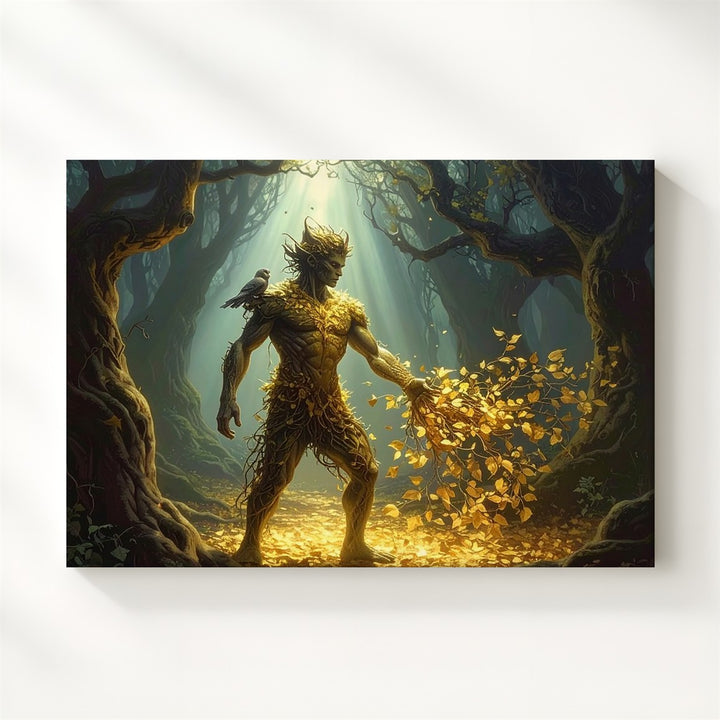 Forest Guardian Canvas – Mystical Tree Spirit with Glowing Golden Leaves - Gifitto