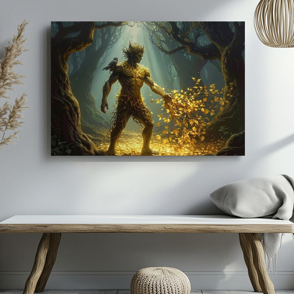 Forest Guardian Canvas – Mystical Tree Spirit with Glowing Golden Leaves - Gifitto