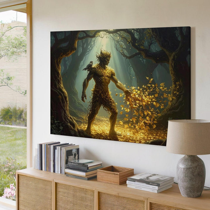 Forest Guardian Canvas – Mystical Tree Spirit with Glowing Golden Leaves - Gifitto