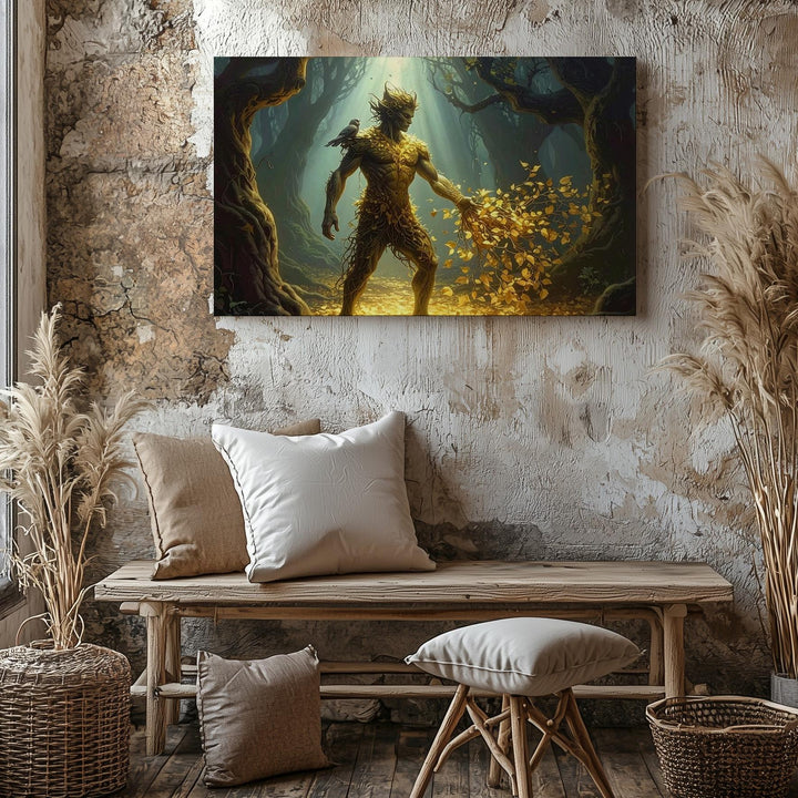 Forest Guardian Canvas – Mystical Tree Spirit with Glowing Golden Leaves - Gifitto