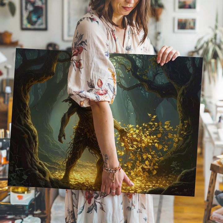 Forest Guardian Canvas – Mystical Tree Spirit with Glowing Golden Leaves - Gifitto