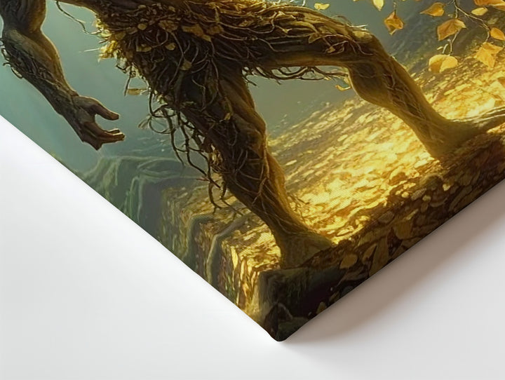 Forest Guardian Canvas – Mystical Tree Spirit with Glowing Golden Leaves - Gifitto