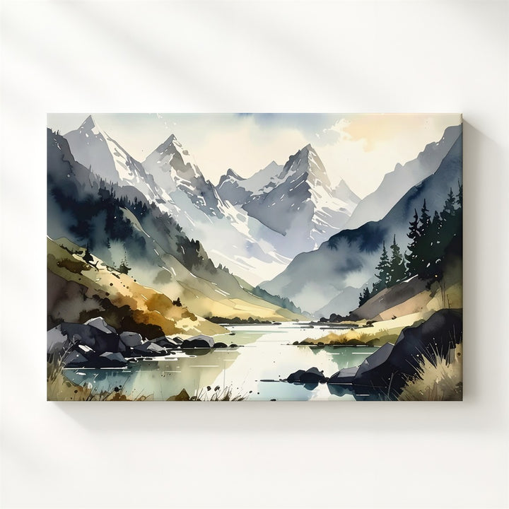 Delicate Alpine Valley Canvas – Watercolor Mountains & Reflective River - Gifitto