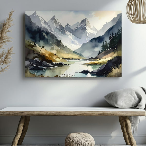Delicate Alpine Valley Canvas – Watercolor Mountains & Reflective River - Gifitto