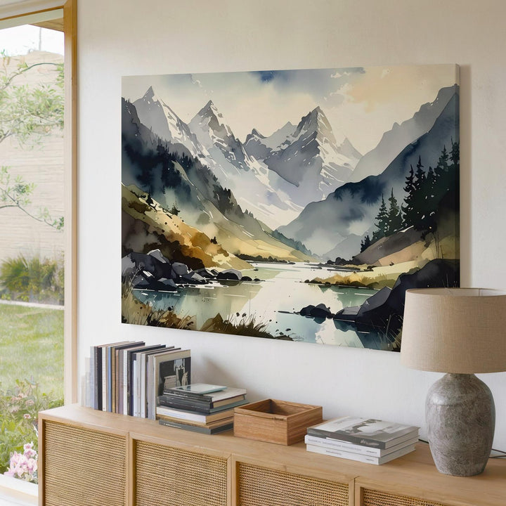 Delicate Alpine Valley Canvas – Watercolor Mountains & Reflective River - Gifitto