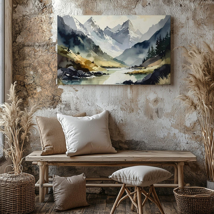 Delicate Alpine Valley Canvas – Watercolor Mountains & Reflective River - Gifitto