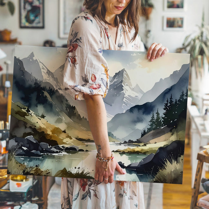Delicate Alpine Valley Canvas – Watercolor Mountains & Reflective River - Gifitto