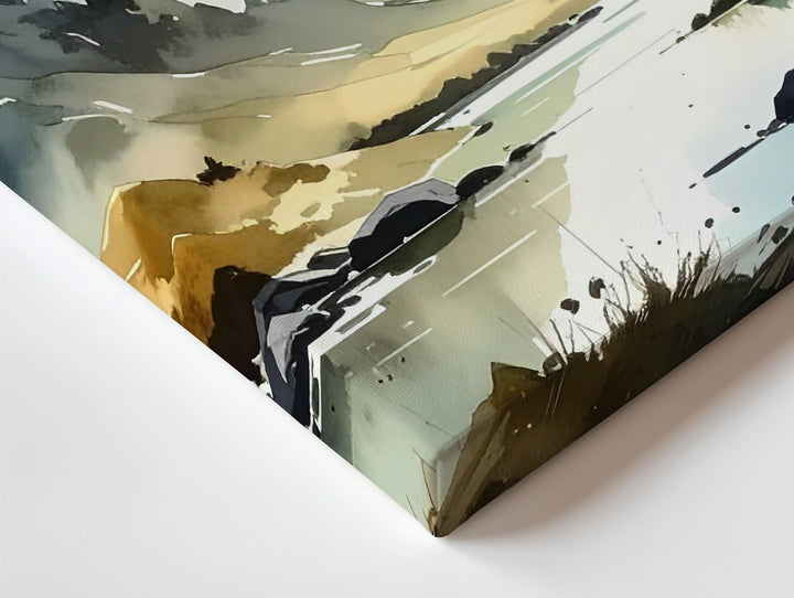 Delicate Alpine Valley Canvas – Watercolor Mountains & Reflective River - Gifitto