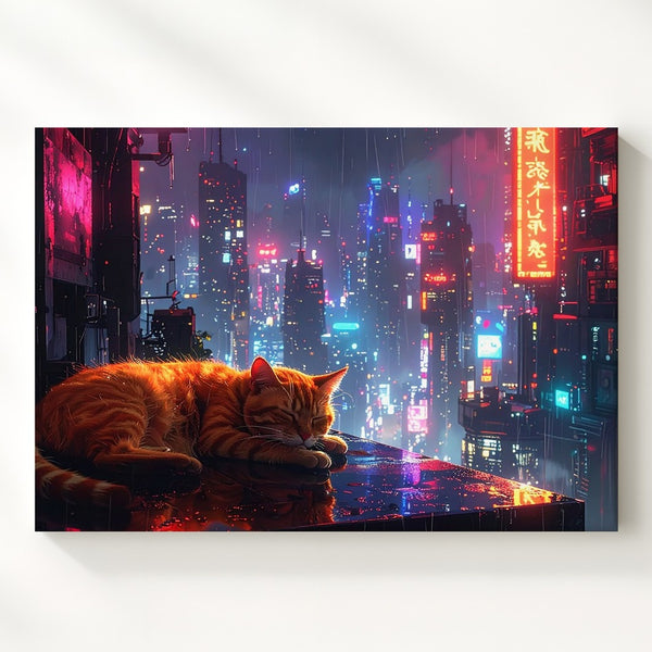 Cyberpunk Orange Tabby Cat Canvas – Neon Cityscape & Urban Tranquility Wall Art - Gifitto