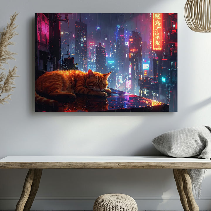 Cyberpunk Orange Tabby Cat Canvas – Neon Cityscape & Urban Tranquility Wall Art - Gifitto