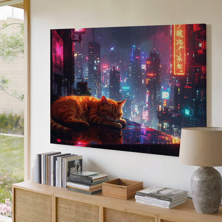 Cyberpunk Orange Tabby Cat Canvas – Neon Cityscape & Urban Tranquility Wall Art - Gifitto