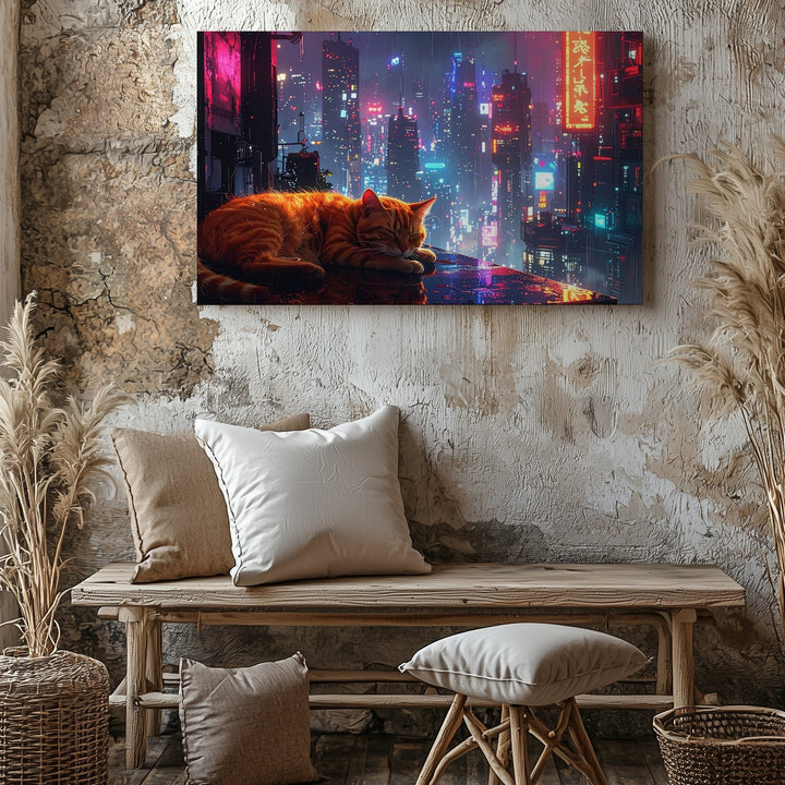 Cyberpunk Orange Tabby Cat Canvas – Neon Cityscape & Urban Tranquility Wall Art - Gifitto