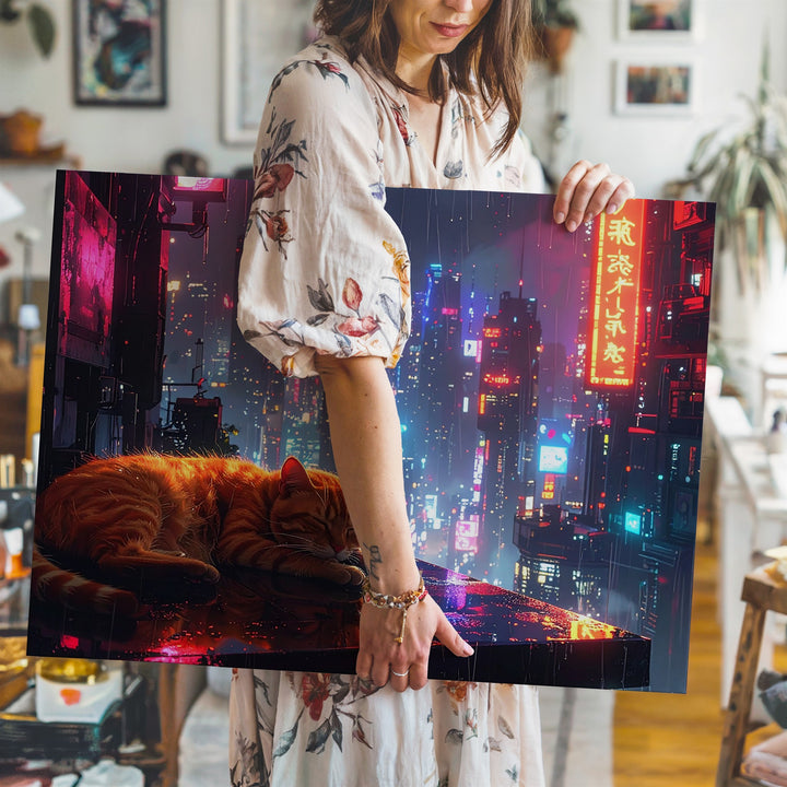 Cyberpunk Orange Tabby Cat Canvas – Neon Cityscape & Urban Tranquility Wall Art - Gifitto