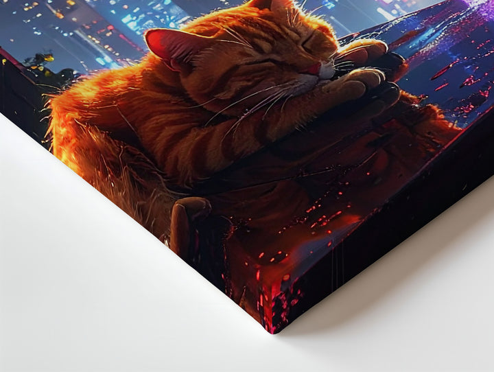 Cyberpunk Orange Tabby Cat Canvas – Neon Cityscape & Urban Tranquility Wall Art - Gifitto
