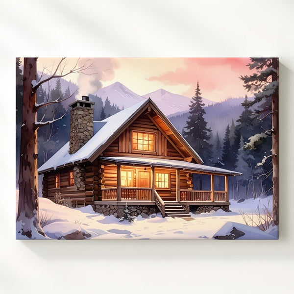 Cozy Winter Cabin Canvas – Snowy Forest Retreat with Warm Interior Glow - Gifitto