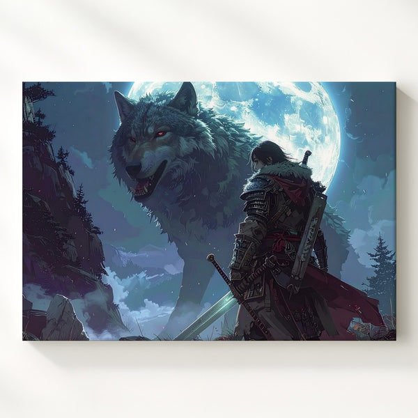 Spectral Wolf & Warrior Canvas – Dark Fantasy Moonlit Wall Art - Gifitto