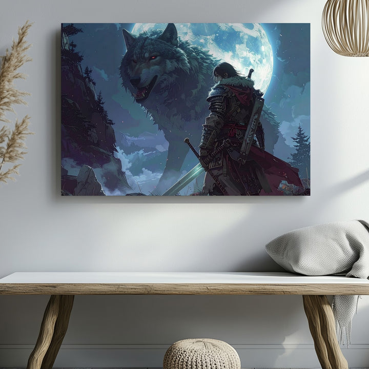 Spectral Wolf & Warrior Canvas – Dark Fantasy Moonlit Wall Art - Gifitto