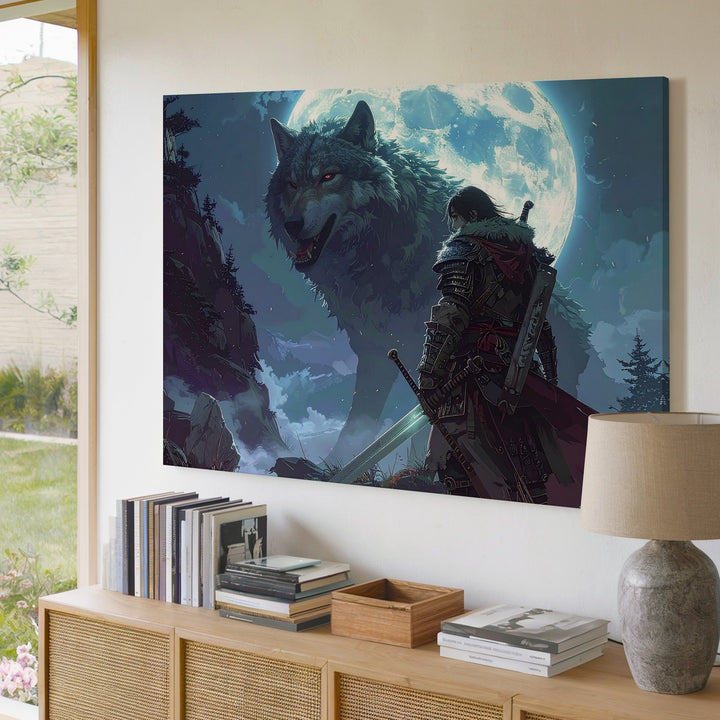 Spectral Wolf & Warrior Canvas – Dark Fantasy Moonlit Wall Art - Gifitto