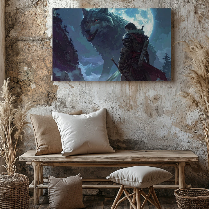 Spectral Wolf & Warrior Canvas – Dark Fantasy Moonlit Wall Art - Gifitto