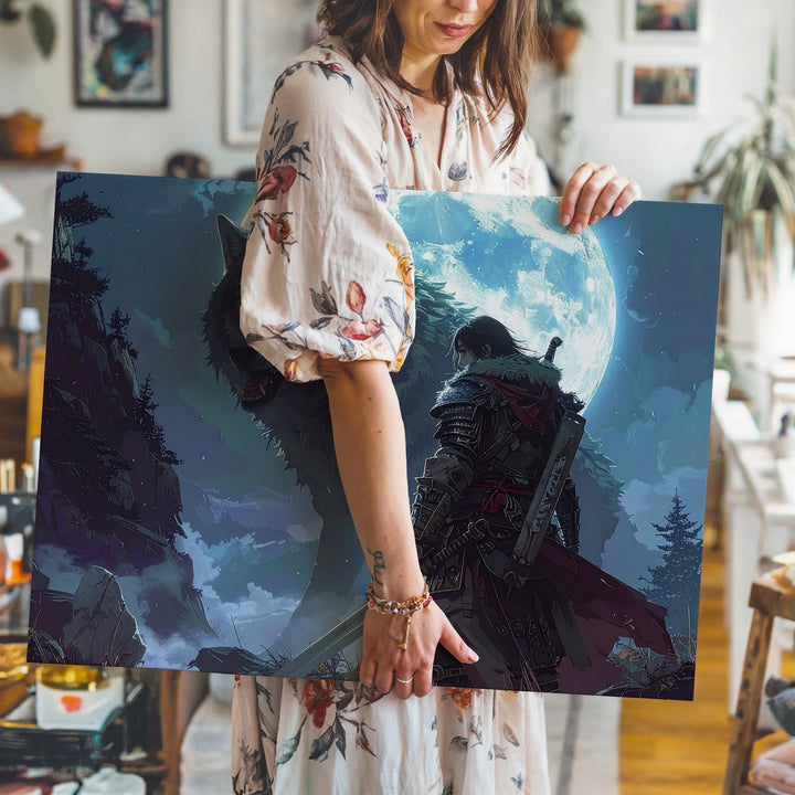 Spectral Wolf & Warrior Canvas – Dark Fantasy Moonlit Wall Art - Gifitto
