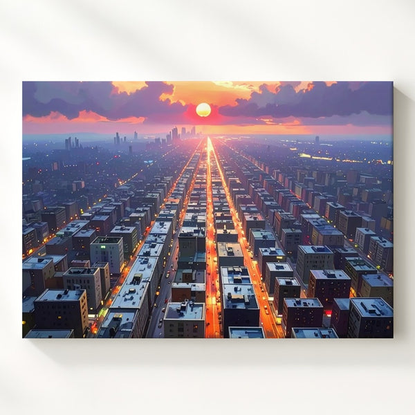 Sunset Grid City Canvas – Futuristic Metropolis Aerial Wall Art