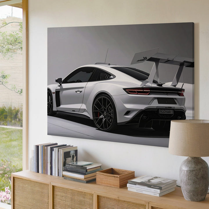 Track Machine Canvas – White Performance Sports Car in Studio Light - Gifitto