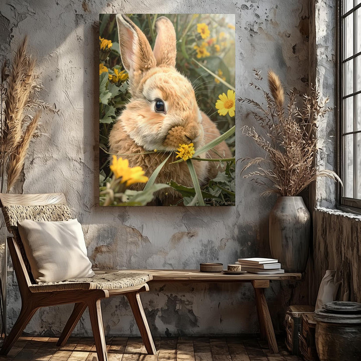 Springtime Rabbit in Flowers Canvas – Peaceful Meadow Wall Art - Gifitto