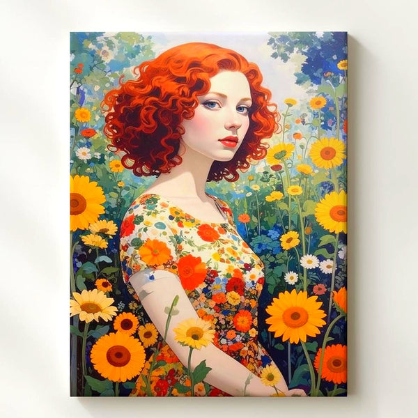 Floral Garden Portrait Canvas – Woman in Sunflower Field with Curly Red Hair - Gifitto