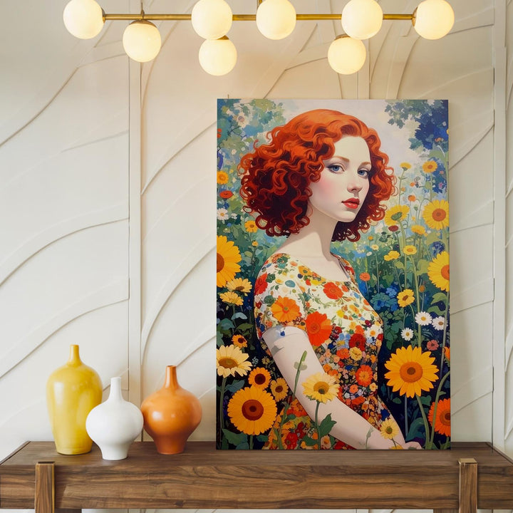 Floral Garden Portrait Canvas – Woman in Sunflower Field with Curly Red Hair - Gifitto