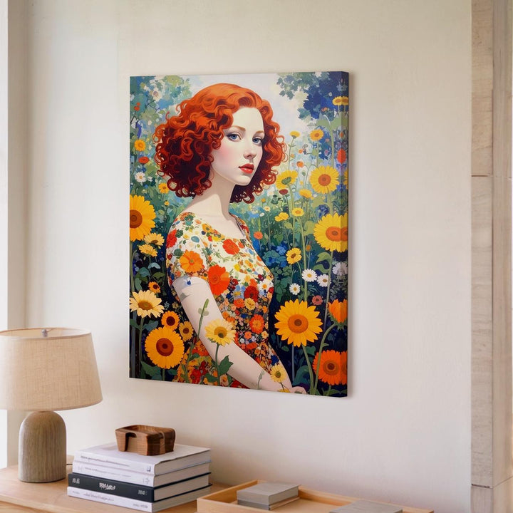 Floral Garden Portrait Canvas – Woman in Sunflower Field with Curly Red Hair - Gifitto